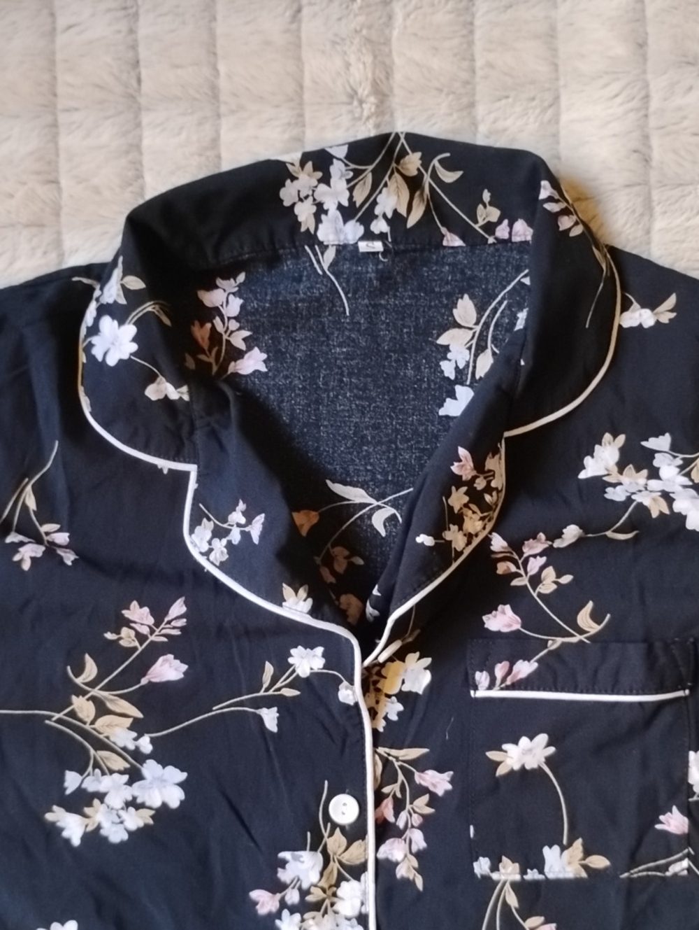 Black Floral Short Pajama Set with White Piping - Picture 3 of 11